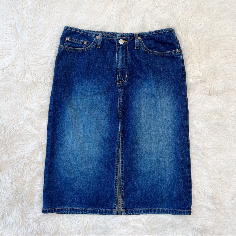 Vintage Y2K high waisted jeans skirt below knee  front slit dark denim Sz3 - Picture 14 of 14